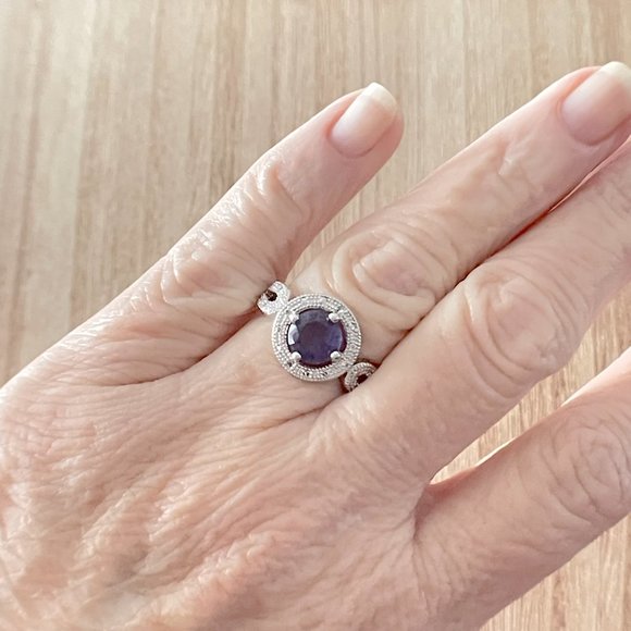 Round Simulated Amethyst Halo Ring w/ Looping Split Shank - 925 Sterling Silver - Picture 4 of 5